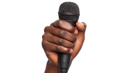 Hand holding a microphone shaped cutout isolated on PNG white transparent background.