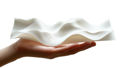 Close up of hand with folded white paper isolated on PNG white transparent background.