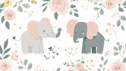 Cute elephants and flowers pattern