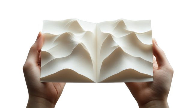 Close up of hand with folded white paper isolated on PNG white transparent background.