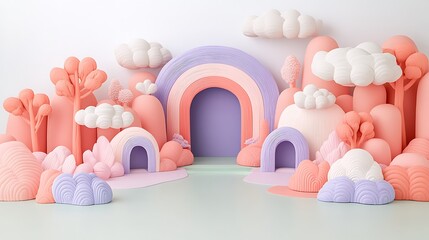 Pastel Rainbow Archway in a Dreamy 3D Cartoon Landscape Perfect for children's backgrounds or whimsical designs