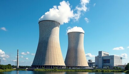 Large industrial cooling tower against a blue sky Efficient heat dissipation, industrial infrastructure, energy production , lines, heat, metal framework