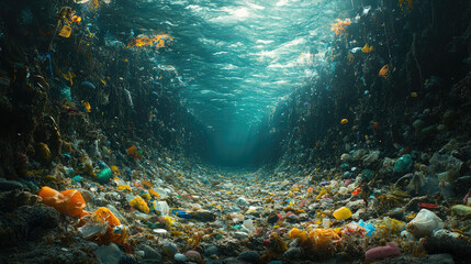 Sunlit underwater scene reveals extensive plastic pollution accumulating on the ocean floor, creating a somber, polluted seabed