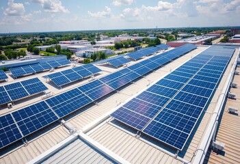 High-angle summer shot of solar panels on a commercial rooftop in a business park, sun, company