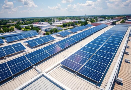 High-angle summer shot of solar panels on a commercial rooftop in a business park, sun, company