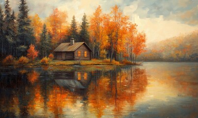 Fototapeta premium serene painting of a small cabin by a lake, surrounded by autumn trees reflecting on the water, Generative AI