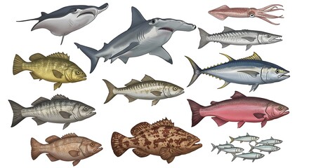 Ocean Life Illustrated Diverse Marine Species Colorful Fish Art