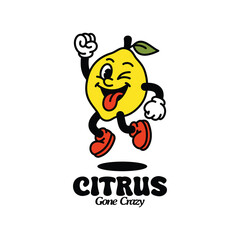 Retro Lemon Cartoon Mascot Vector, Funny Fruit Character with Wild Expression