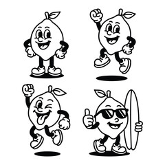 Black and White Retro Lemon Mascot Set, Cute Citrus Character Line Art Bundle with Various Poses