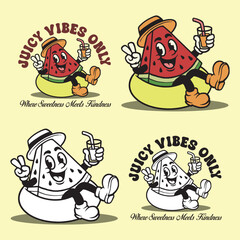 Retro Watermelon Cartoon Mascot, Summer Fruit Character with Juice and Floatie, Juicy Vibes Only