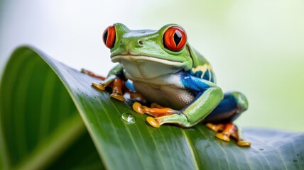 Vibrant red-eyed tree frog sits perched atop a large tropical leaf in lush rainforest habitat.