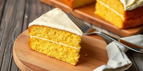 Golden yellow cake slice, creamy frosting, wooden board, fork, linen napkin,  detail, frosting