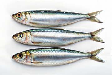 Fototapeta premium Fresh Sardines with Shiny Silver Scales on White Background for Seafood Meal Preparation and Healthy Diet