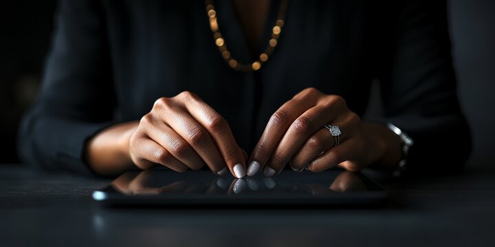 a professional and modern studio photo of below the neck view of an office woman clicking on an invisible screen, dark gray background - Powered by Adobe