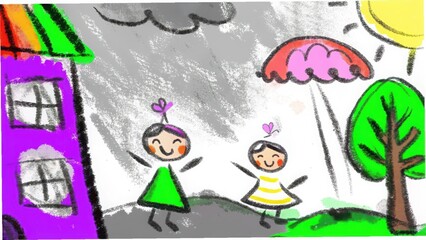 Naklejka premium Child drawing of happy girls playing in the rain with house and sunshine , hand drawing.