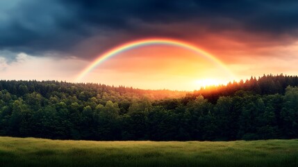Naklejka premium Majestic Rainbow Arching Over a Lush Green Forest at Sunset A breathtaking natural landscape photograph
