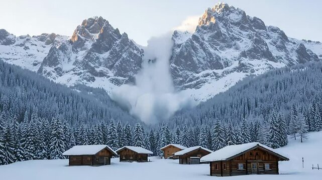 Snowy Mountain Avalanche Near Rustic Cabins