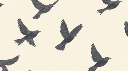 Obraz premium Elegant, dark-gray birds in flight, repeated pattern on a light background