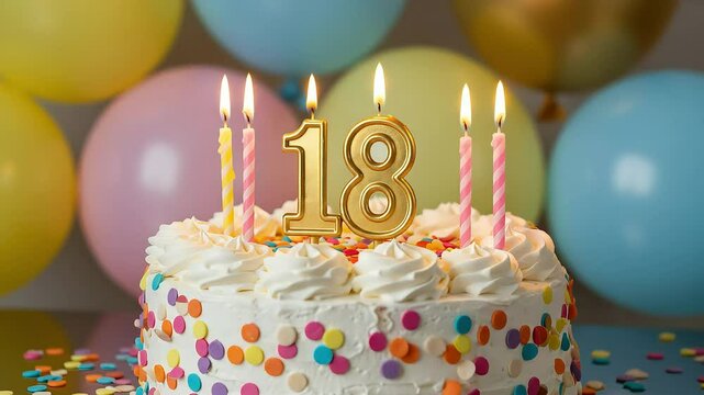 Birthday Cake With 18th Gold Number Candles And Pastel Balloons