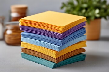 Colorful stack of sticky notes in various shades, arranged neatly on a desk, with a blurred background of office supplies and greenery, representing organization and creativity
