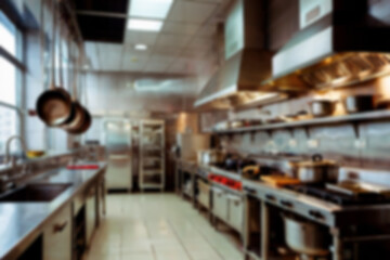 Interior of restaurant kitchen with professional utensils, out of focus, blurred