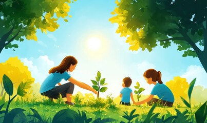 Illustration of a family planting trees in a park on a sunny day, with vibrant greenery and blue skies, Generative AI
