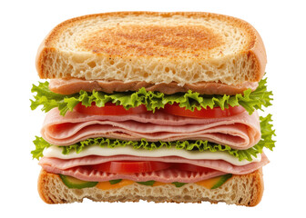 Stacked deli sandwich with ham, lettuce, tomato, and cheese isolated on transparent background. Food, Meal, Lunch.