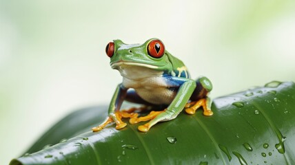 Fototapeta premium Vibrant red-eyed tree frog perched confidently on a lush green leaf, showcasing intricate details.