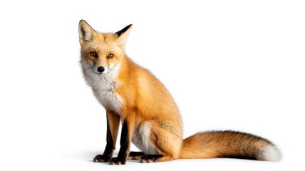 Obraz premium A fox sits alertly on a pure white background, its fur vibrant in shades of orange and brown.
