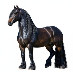 Obraz premium Magnificent dark brown horse standing regally against a clean, white background with light shadows.