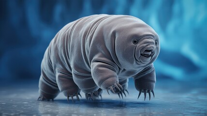 A detailed digital rendering shows a resilient water bear, also known as a tardigrade, against blue.