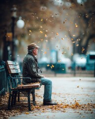 Social Isolation and Loneliness. Elderly Man Contemplating on a Park Bench Amidst Falling Autumn Leaves