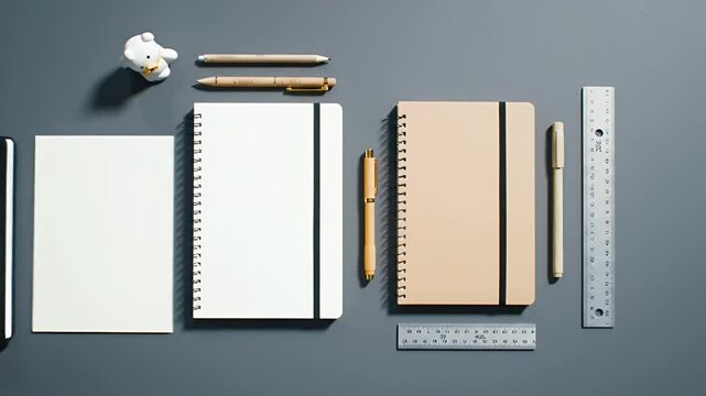 Organized stationery supplies arranged on a grey surface
