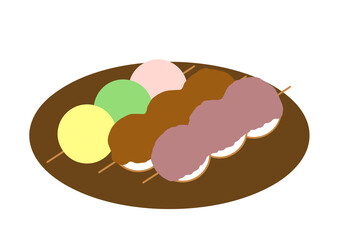 茶色い皿の3種類の団子(3色とみたらしと餡子)