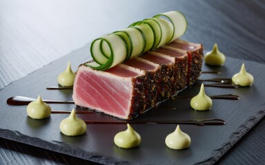 Pepper-Crusted Tuna Loin with Cucumber Ribbon and Avocado Sauce.
