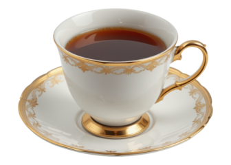 White porcelain tea cup with gold trim and saucer filled with dark liquid, isolated on transparent background, elegance, luxury, classic.