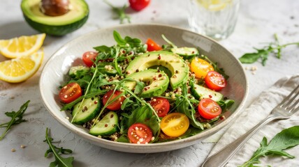 Avocado Quinoa Salad with Yellow and Red Cherry Tomatoes and Lemon.
