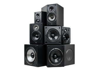 Obraz premium Stack of black audio speakers and subwoofers isolated on transparent background, audio, music, technology.