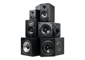 Stack of black audio speakers and subwoofers isolated on transparent background, audio, music, technology.