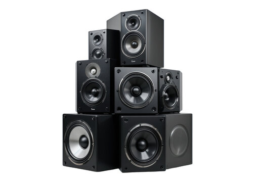 Stack of black audio speakers and subwoofers isolated on transparent background, audio, music, technology.
