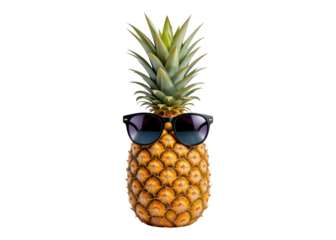 Pineapple wearing sunglasses, isolated on transparent background. Summer, tropical, fun.