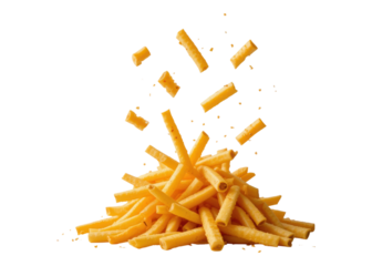 Yellow snack sticks falling onto a pile, isolated on transparent background. Food, Snack, Crunchy.