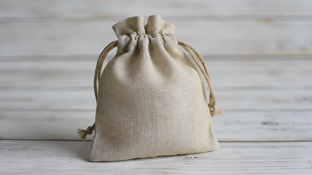 Empty beige drawstring bag on a light wooden surface