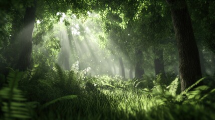 Obraz premium Lush, sunlit forest path with vibrant greenery.