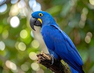Photo of a Brazilian blue macaw on a tree branch with a blurred background
