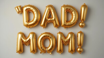 Golden Balloon Letters Spelling Dad and Mom in a Cheerful Arrangement on a White Background