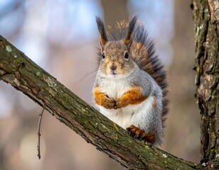 Obraz premium Photo of a Squirrel on a tree branch with a blurred background