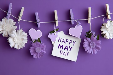 Happy May Day Greeting with Purple Flowers and Hearts