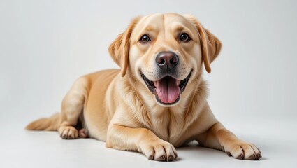 Happy Labrador Retriever Lying on White Background with a Joyful Expression and Playful Attitude