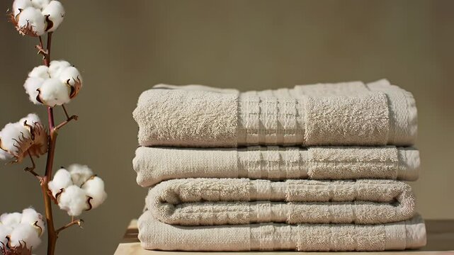 Stacked beige towels beside cotton plant